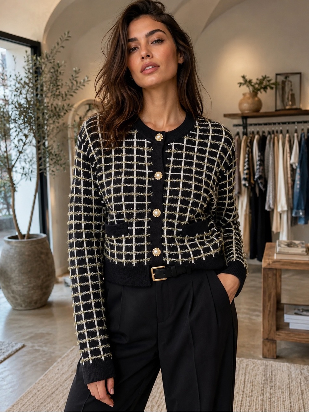 K19. Classic Black & Cream Lurex Cardigan Jacket